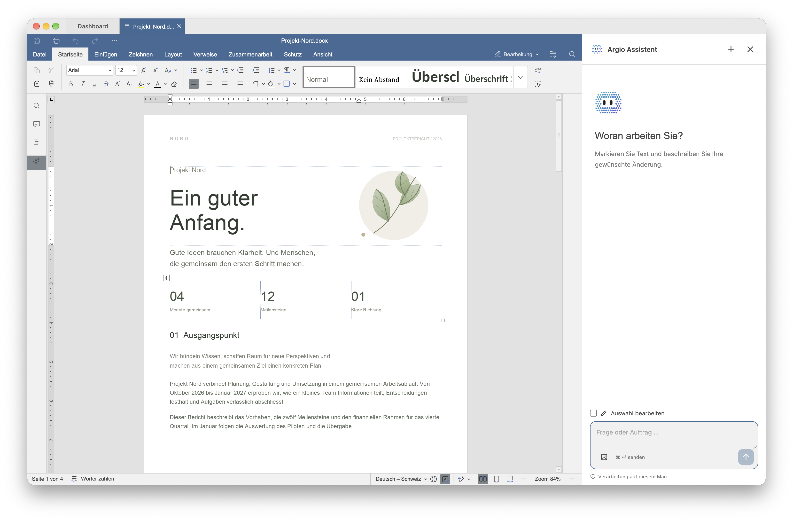 Argio Office auf macOS: ein geöffnetes Projektdokument und der Argio Assistant in der Seitenleiste.