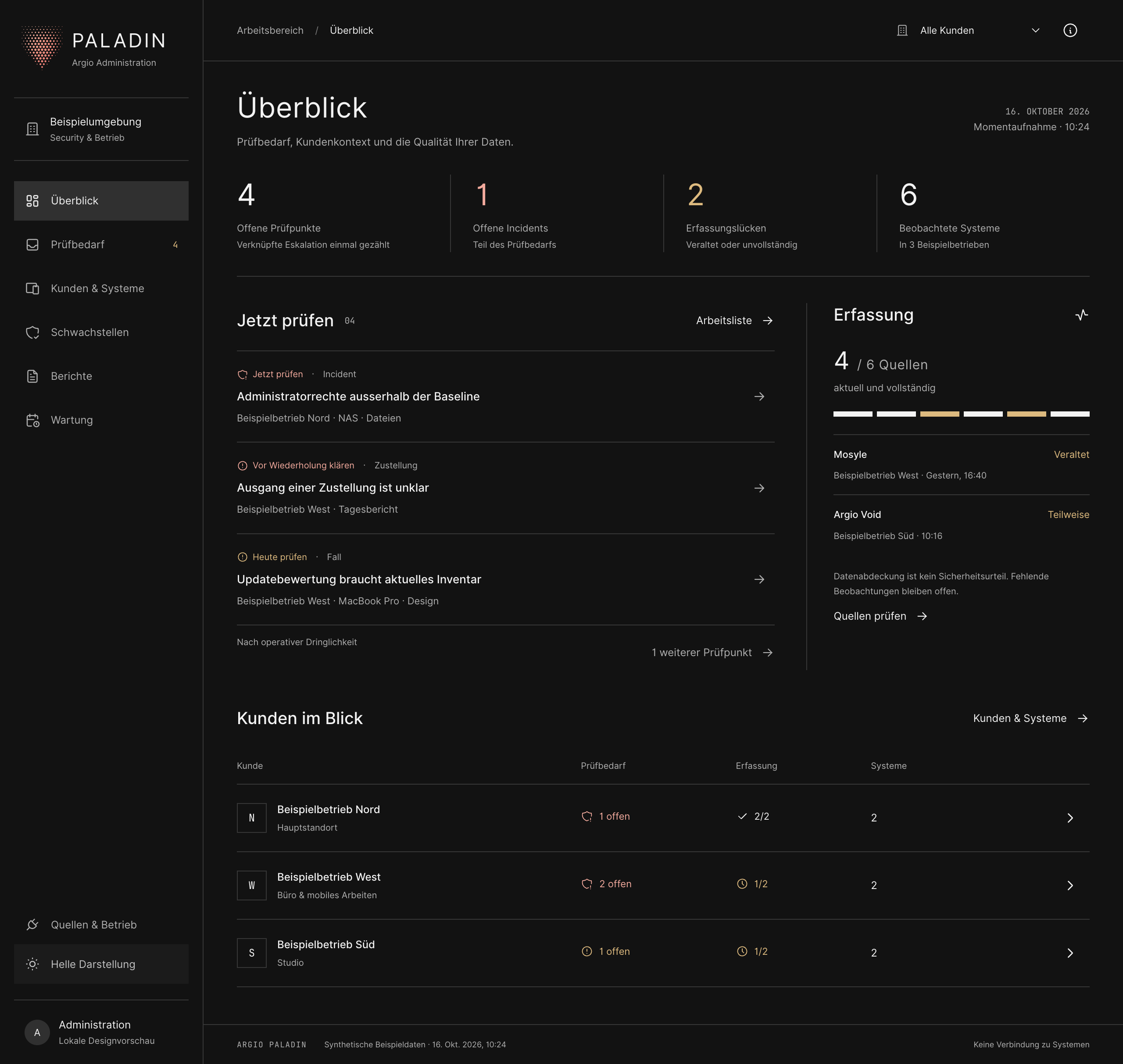 Paladin-Dashboard mit priorisierten Prüfpunkten, Datenquellen und den fiktiven Beispielbetrieben Nord, West und Süd.